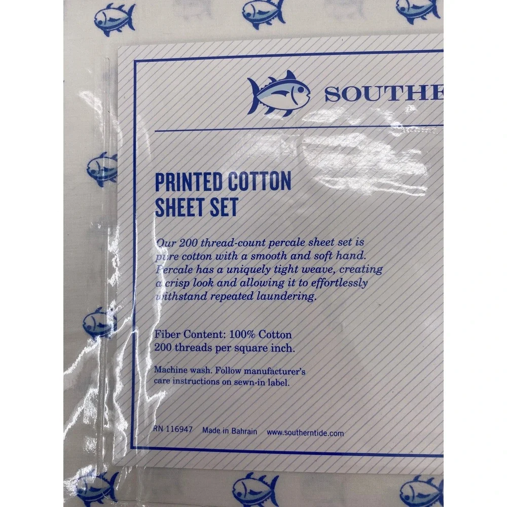 Southern Tide Skipjack Sheet Set King White Blue 100% Cotton Percale Coastal